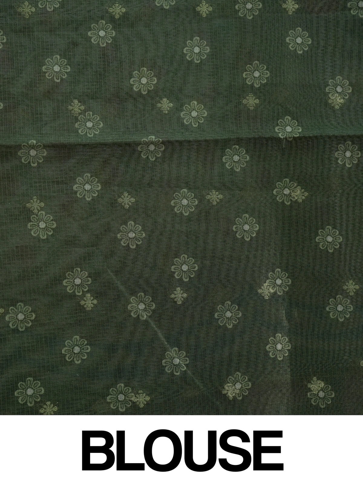 Cream semi tussar saree with floral jaal body, olive green elephant pallu and golden zari border