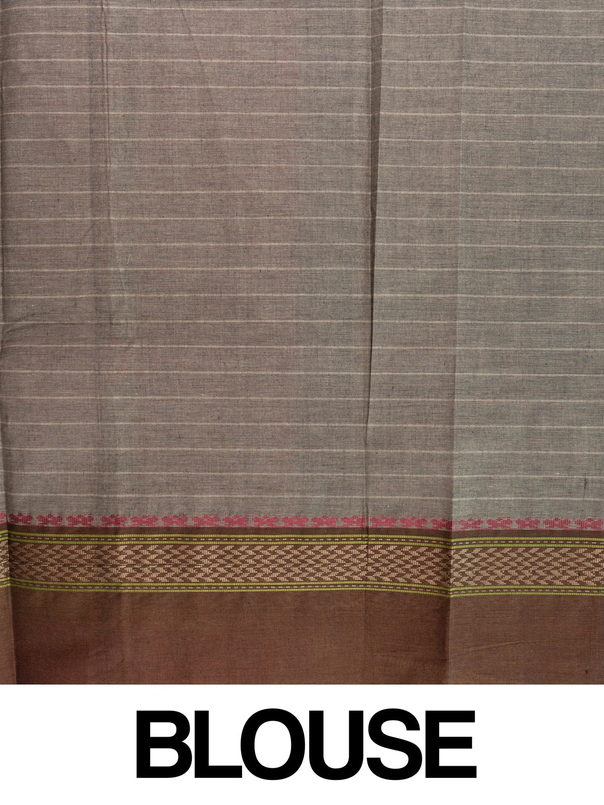 Grey and brown semi raw silk saree with striped body, woven buttas, and contrast temple-motif border
