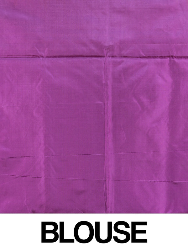 Mustard yellow banana silk saree with contrast magenta pallu, gold zari striped border and woven floral buttas
