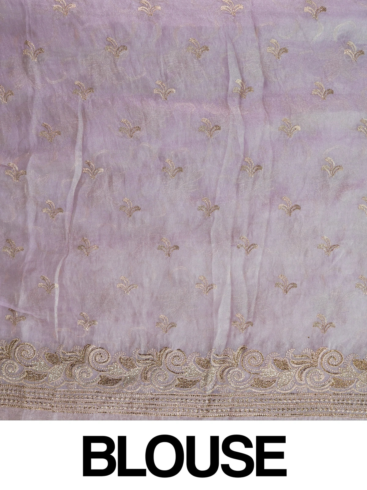 Lavender organza designer saree with gold floral zari and sequin embroidery and scrolled border