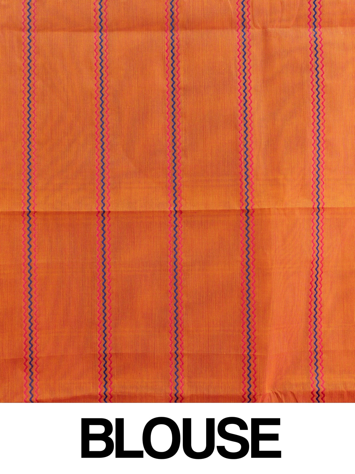 Rust orange Chettinad cotton saree with magenta gold zari border and pink-blue zigzag stripes
