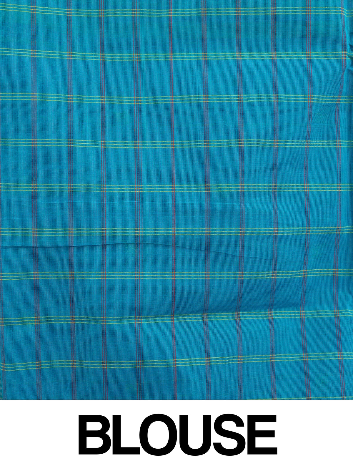 Peacock blue Chettinad cotton saree with checked body, yellow buttas and magenta gold zari border