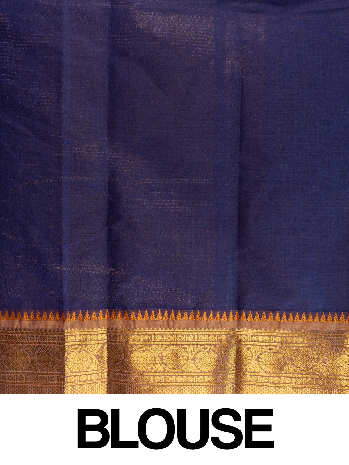 Navy blue Chettinad cotton saree with mustard-gold checks and contrast gold zari temple border