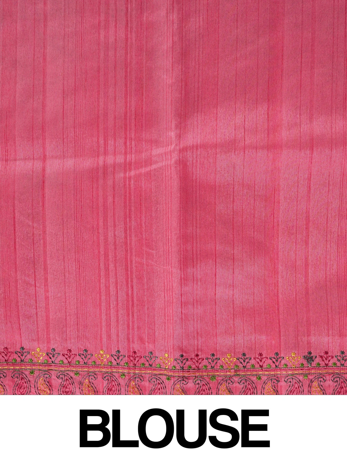 Pink semi tussar saree with multicoloured floral embroidery and contrast yellow blouse
