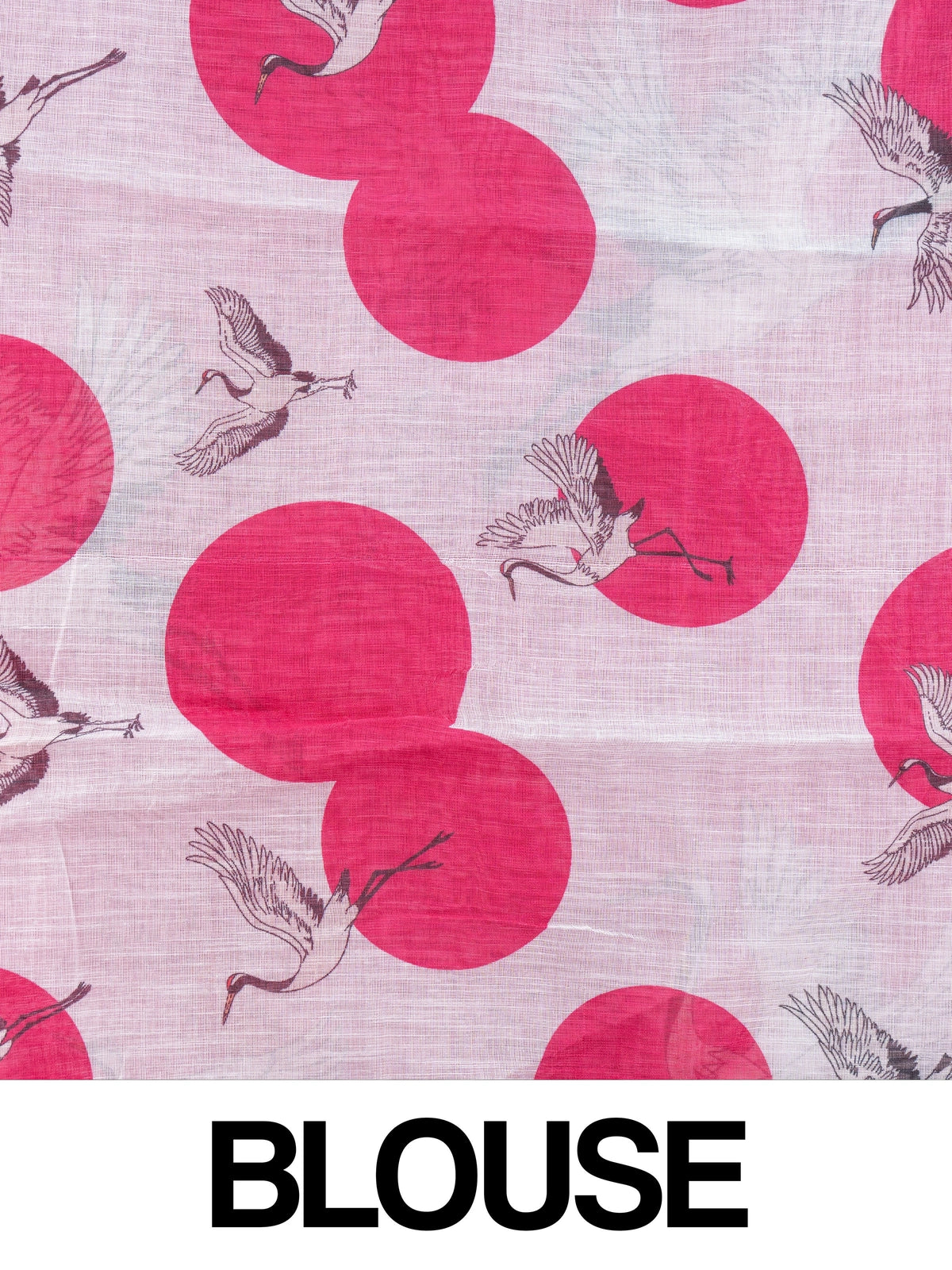Rani pink linen cotton saree with white flying crane prints, tonal circles and a thin gold zari border