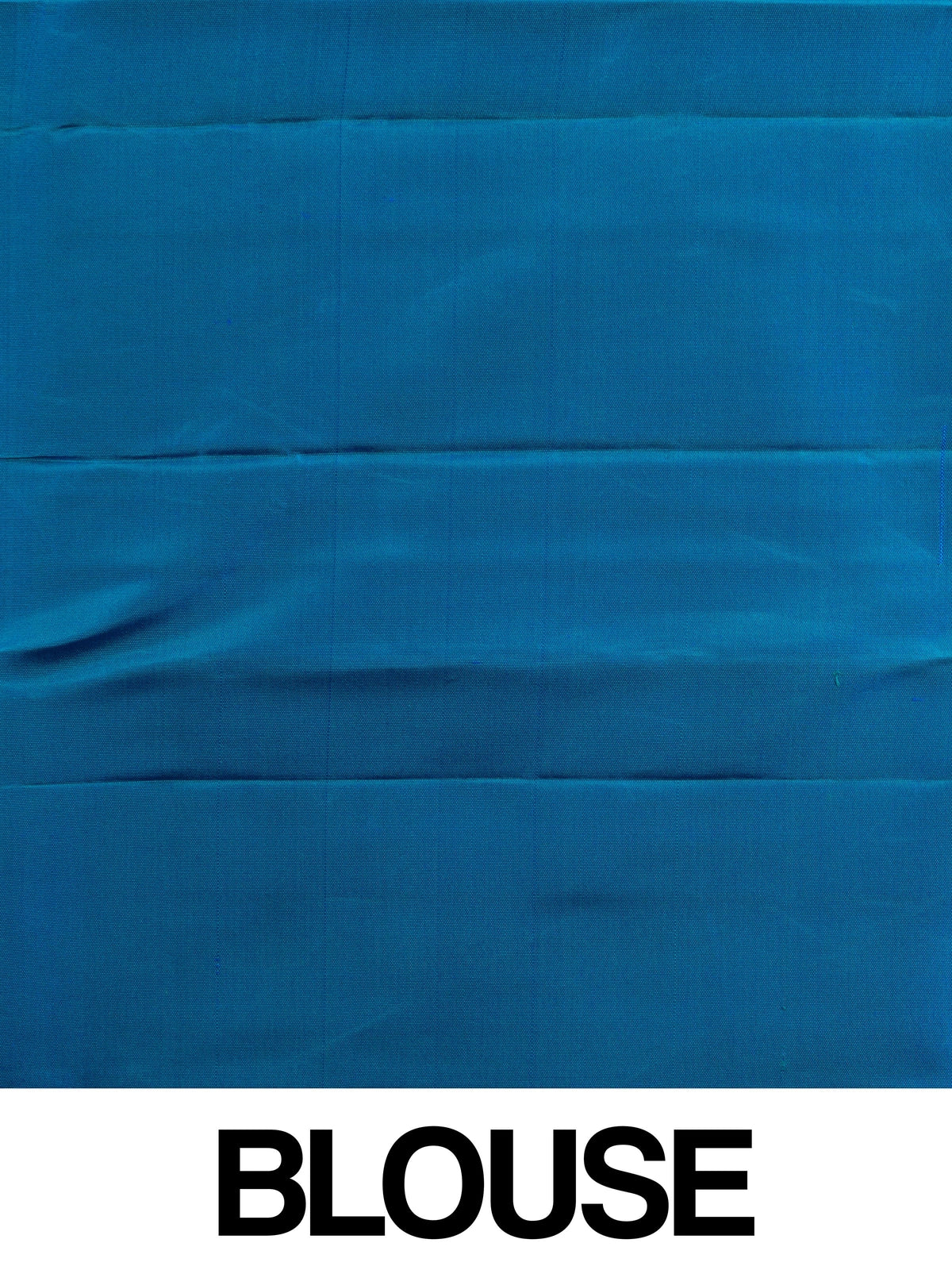 Peacock blue pure Kanchipuram silk saree with all-over gold zari brocade, peacock motifs and broad contrast gold zari border
