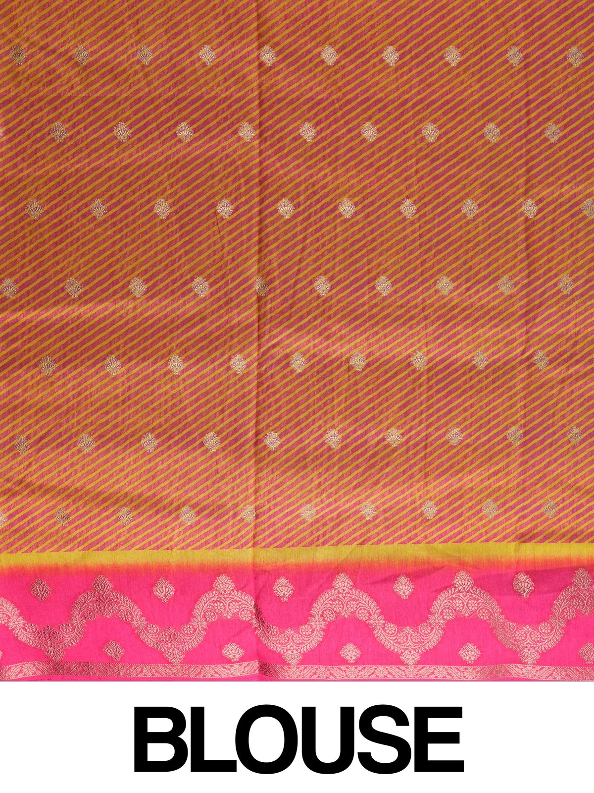 Green Dola silk saree with golden checks, contrast pink zari border and ornate orange-yellow pallu
