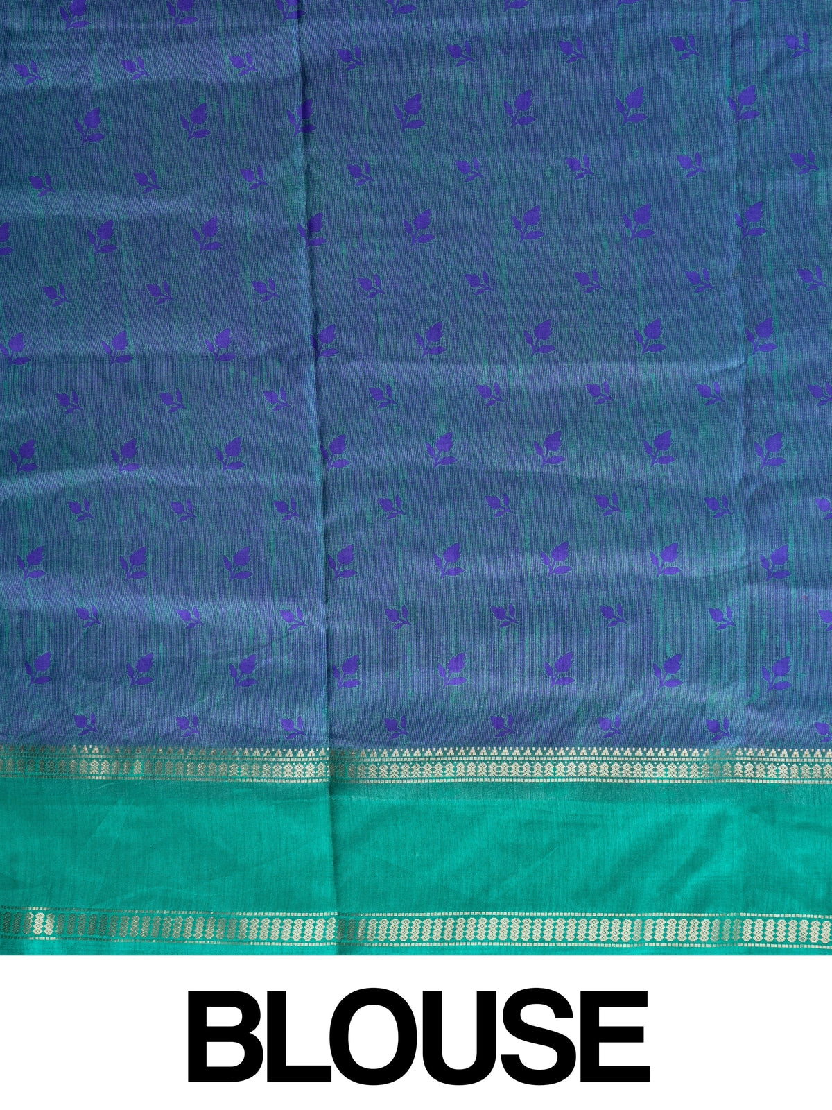 Violet blue Dola silk saree with floral print body and contrast teal green gold zari border