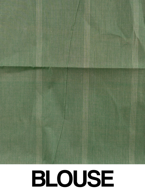 Sage green and beige checked silk cotton saree with striped pallu and contrast cream blouse