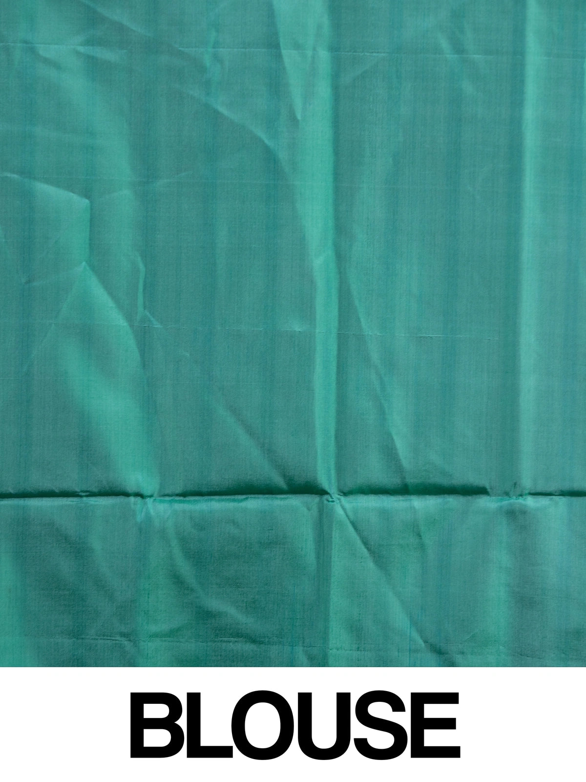 Peach pink and teal green banana silk saree with gold zari buttas and contrast striped pallu