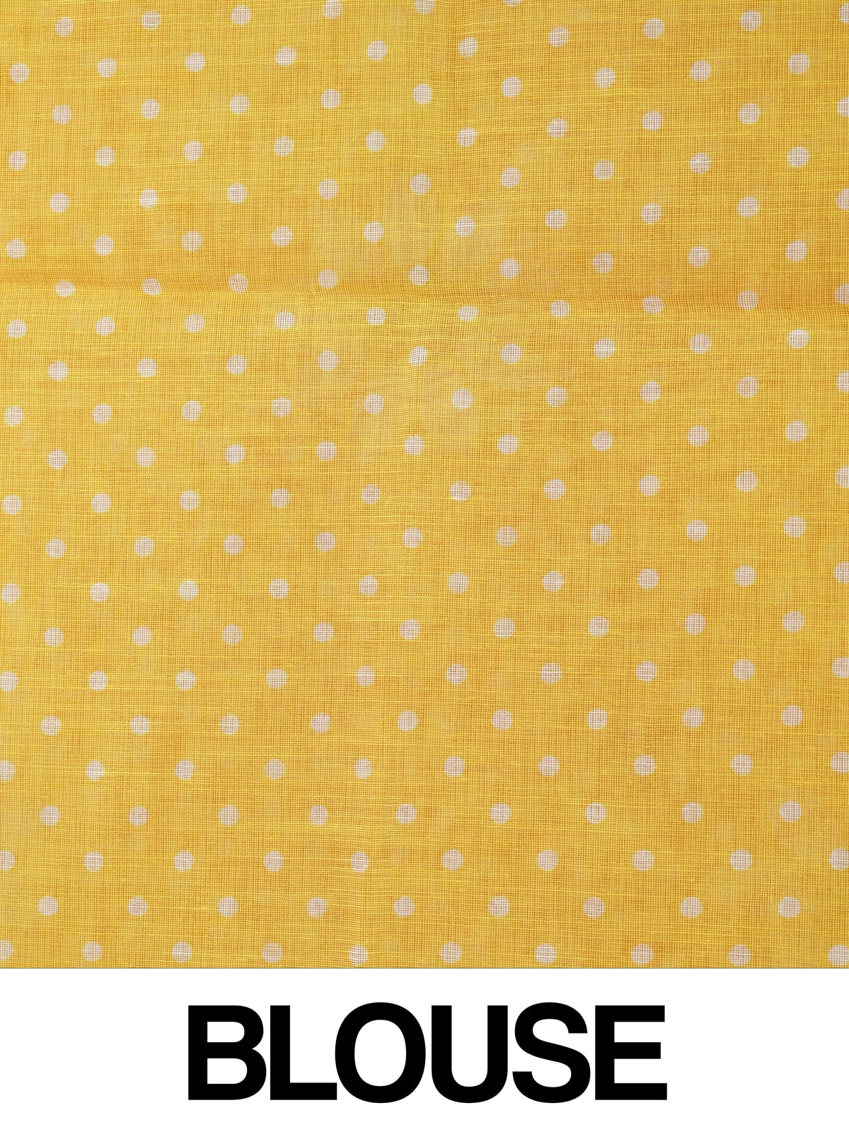 Yellow and white polka dot linen cotton saree with daisy floral prints and slim golden border
