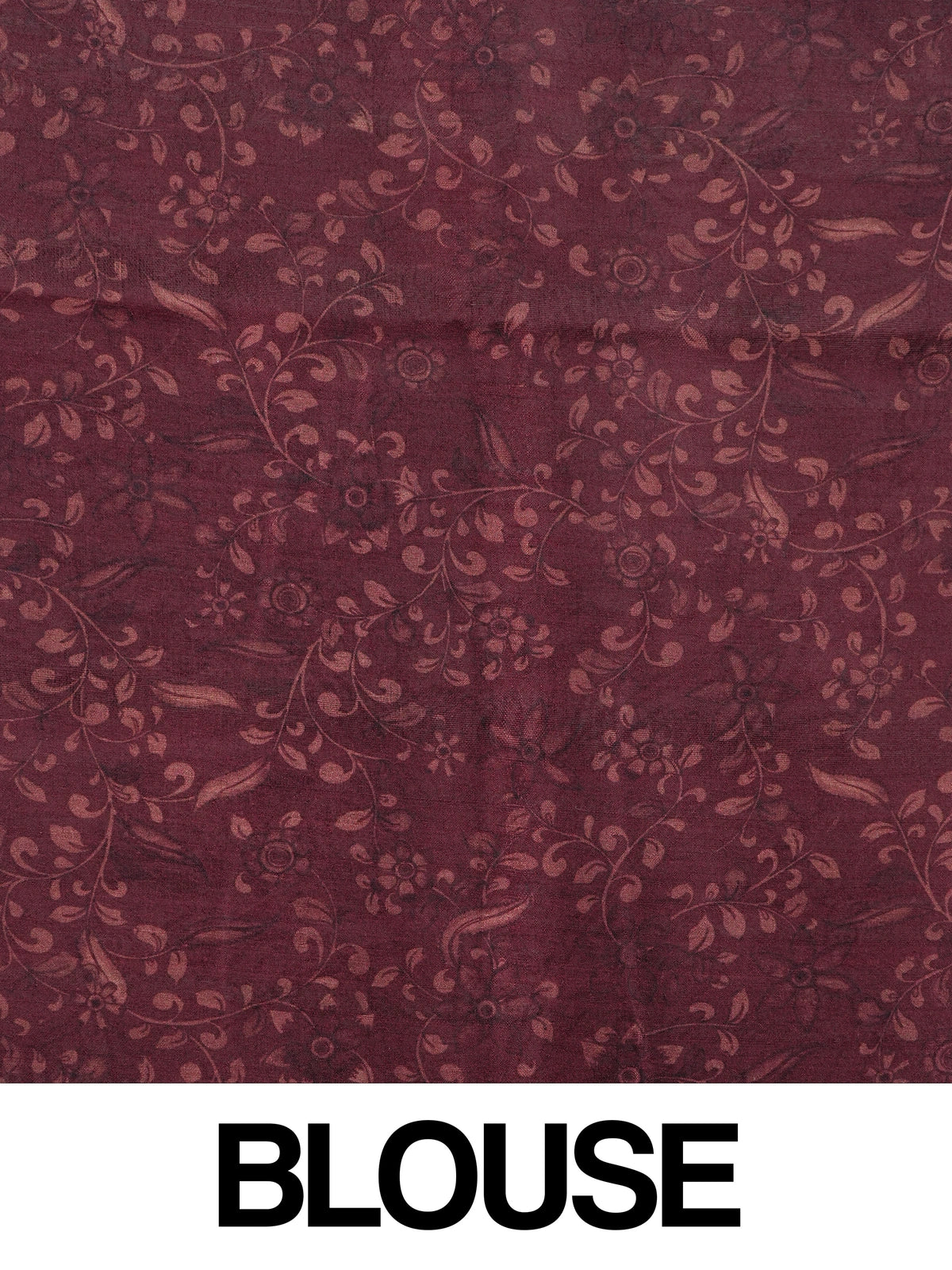 Dusty rose semi tussar saree with Kalamkari floral print, peacock pallu and maroon gold zari border