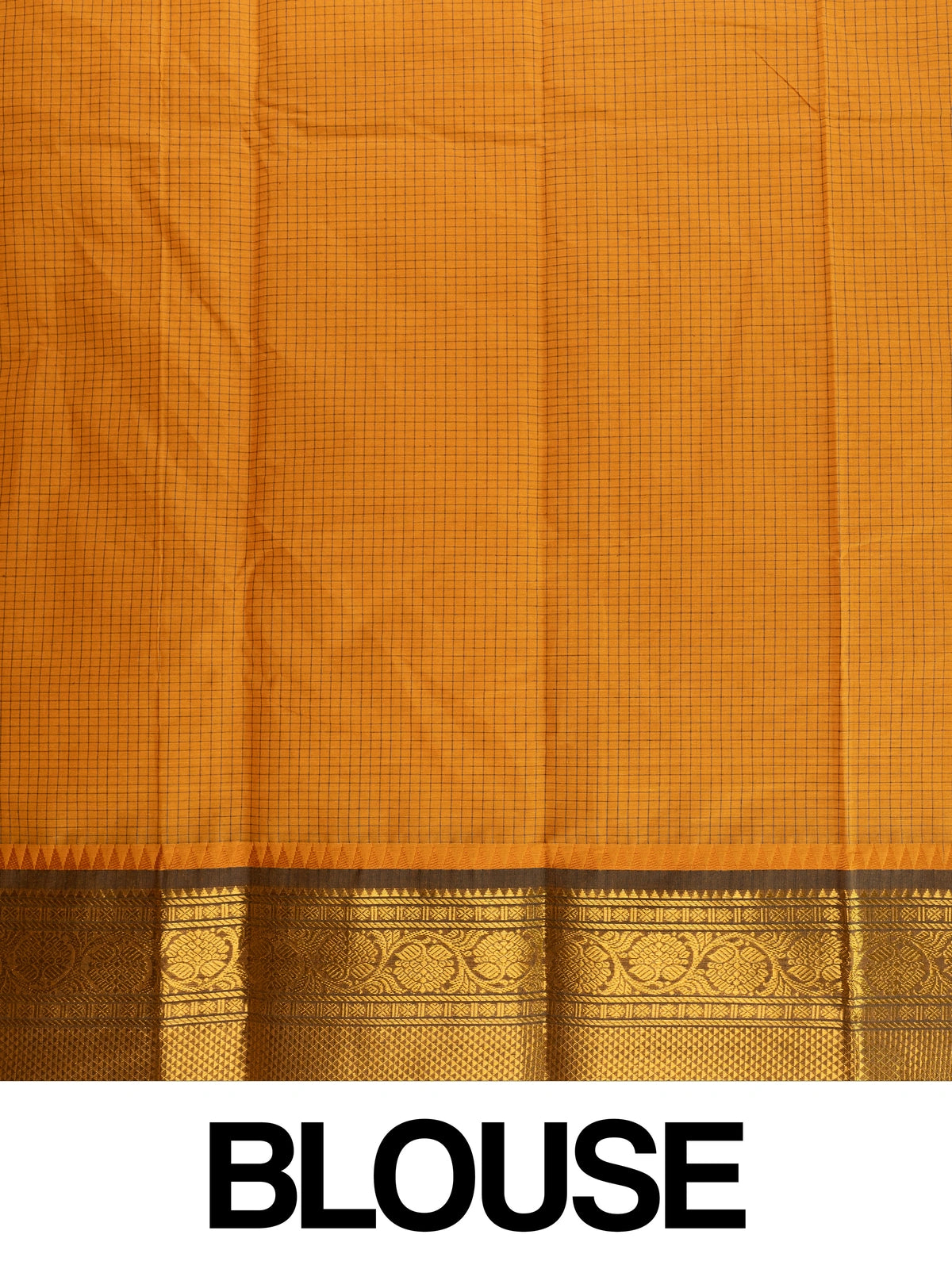 Mustard yellow Chettinad cotton saree with woven checks and contrast olive-brown gold zari border