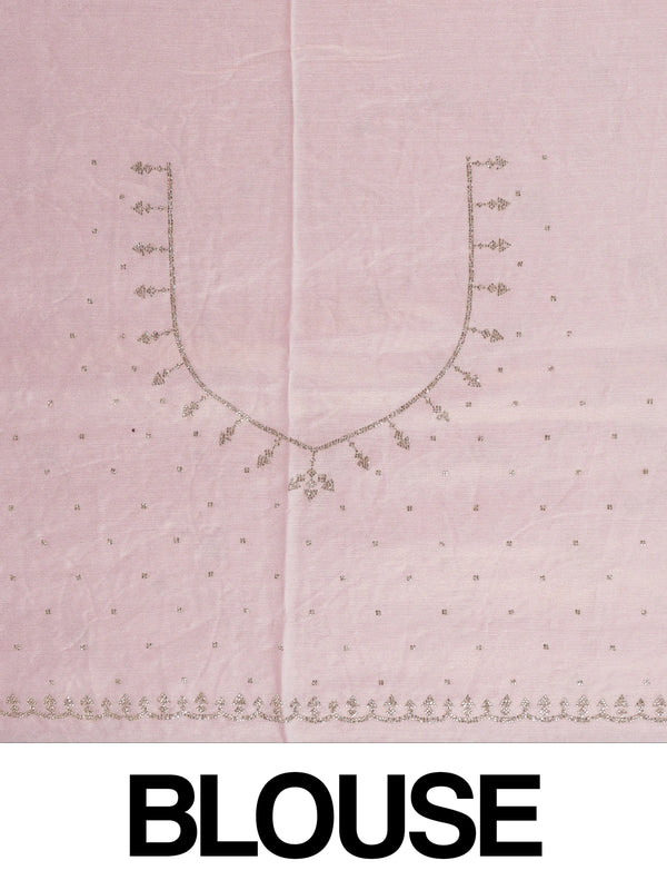 Soft pink designer saree with silver stonework floral vine embroidery and scalloped border