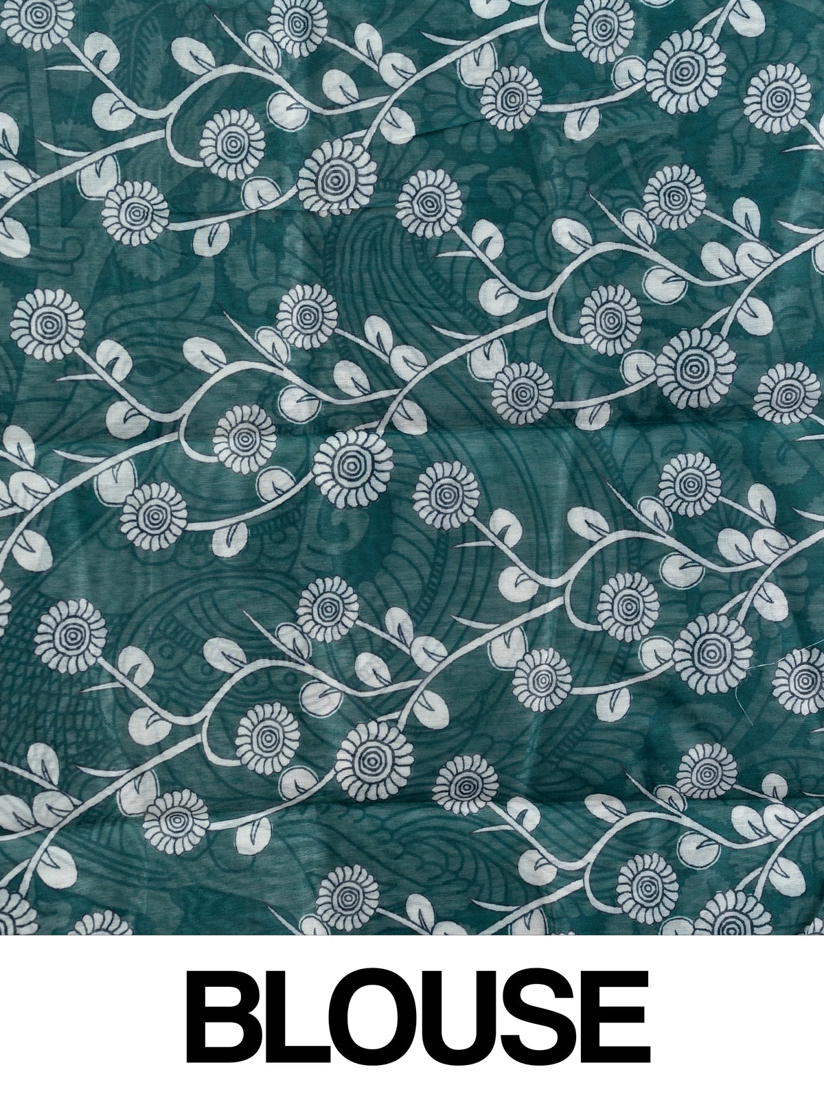 Teal green linen cotton saree with white kalamkari peacock and floral pallu and gold zari border