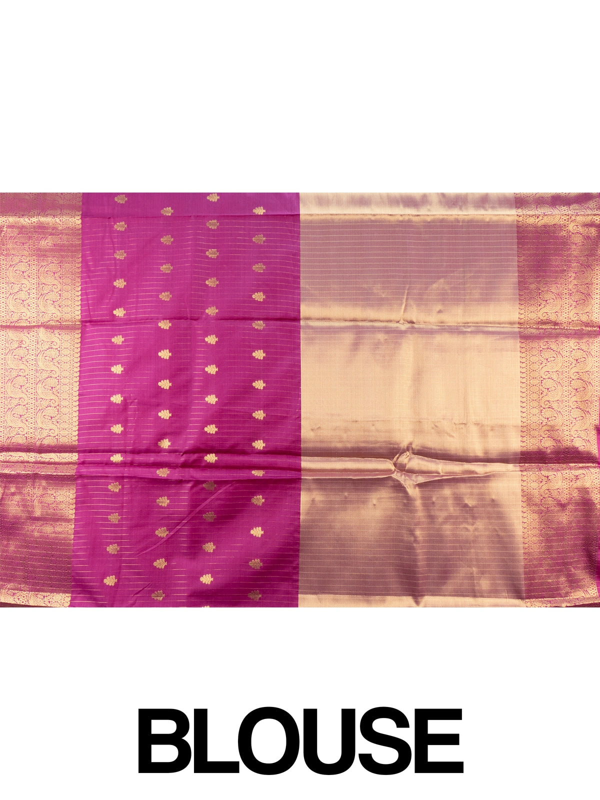 Magenta Kanchi semi silk saree with gold zari buttas, contrast zari border and cream-gold tissue pallu