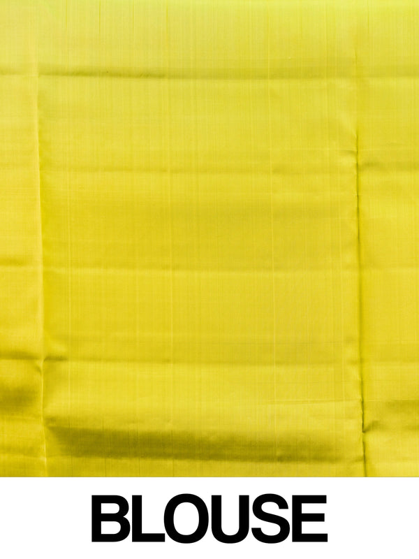 Turquoise blue Kanchipuram pure mix saree with gold zari checks and contrast lime-yellow border and pallu