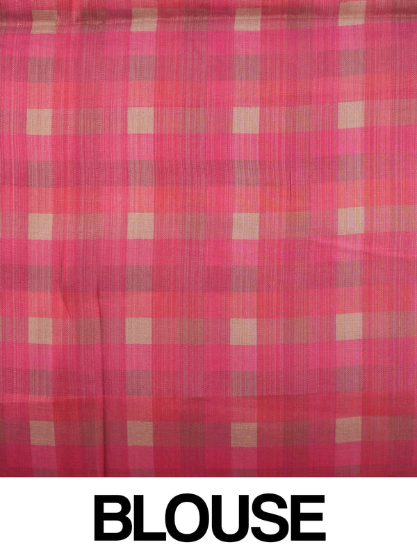 Cream linen cotton saree with pink checked contrast border and pallu