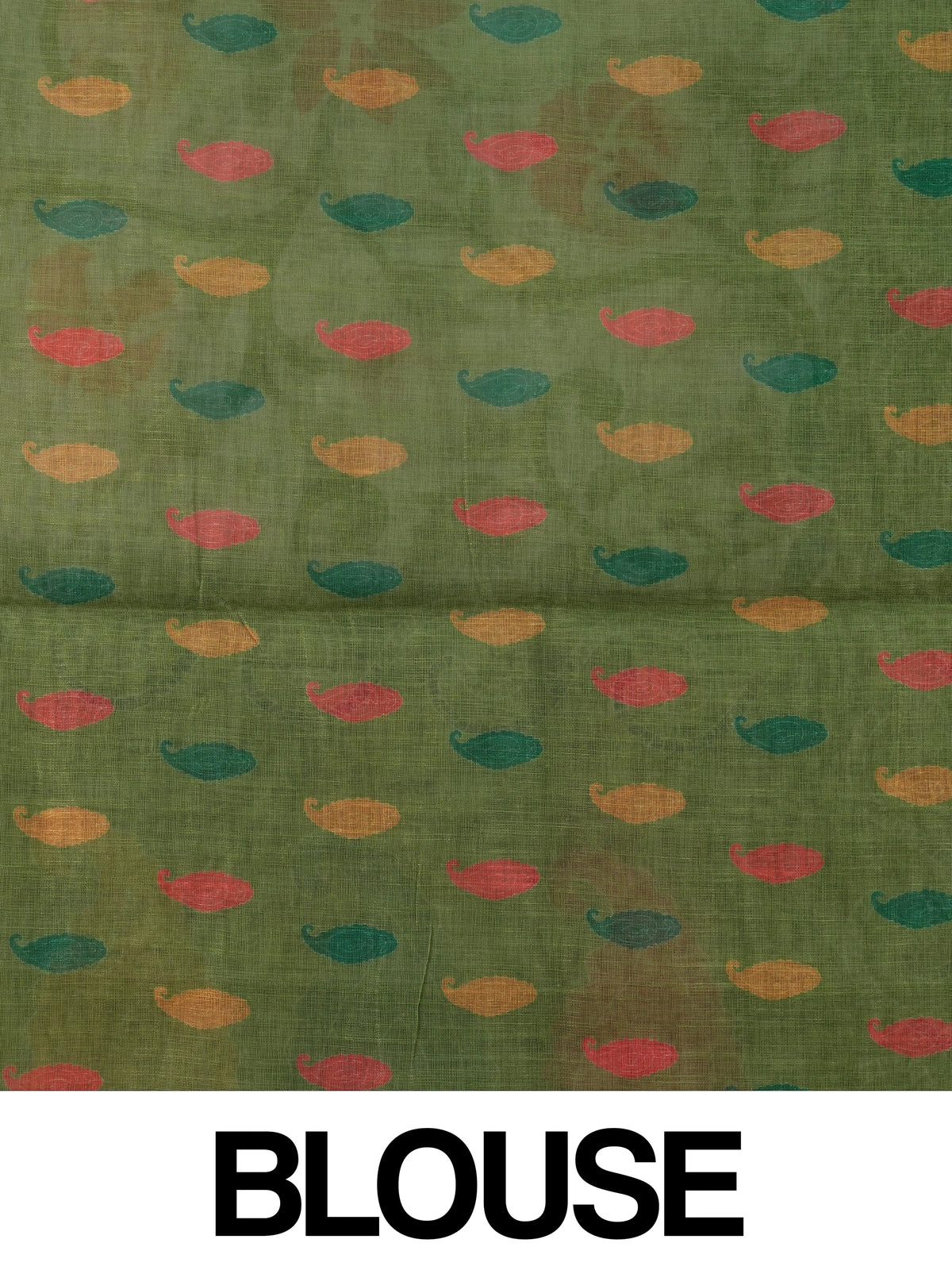 Cream linen cotton saree with floral print, green scrollwork border and paisley pallu