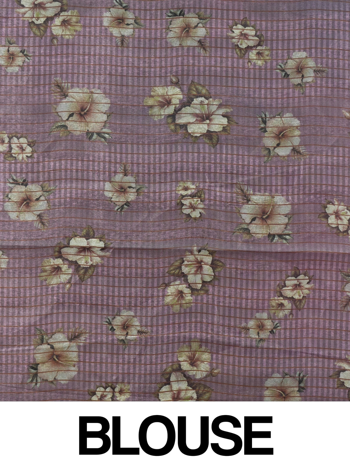 Mauve semi tussar saree with tropical floral printed pallu, gold zari border and contrast yellow blouse