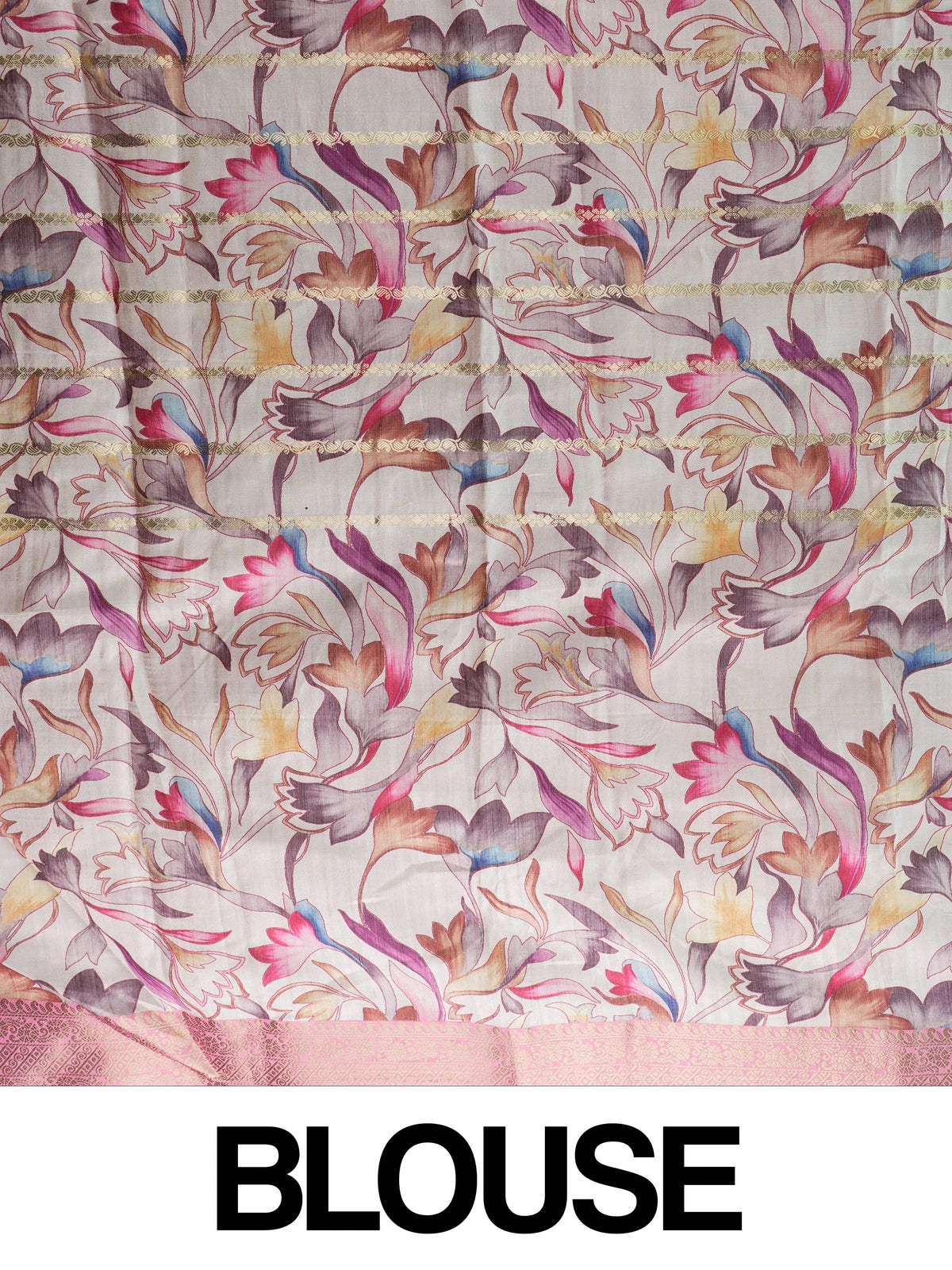 Pink and cream Dola silk saree with multicolour floral print and gold zari border