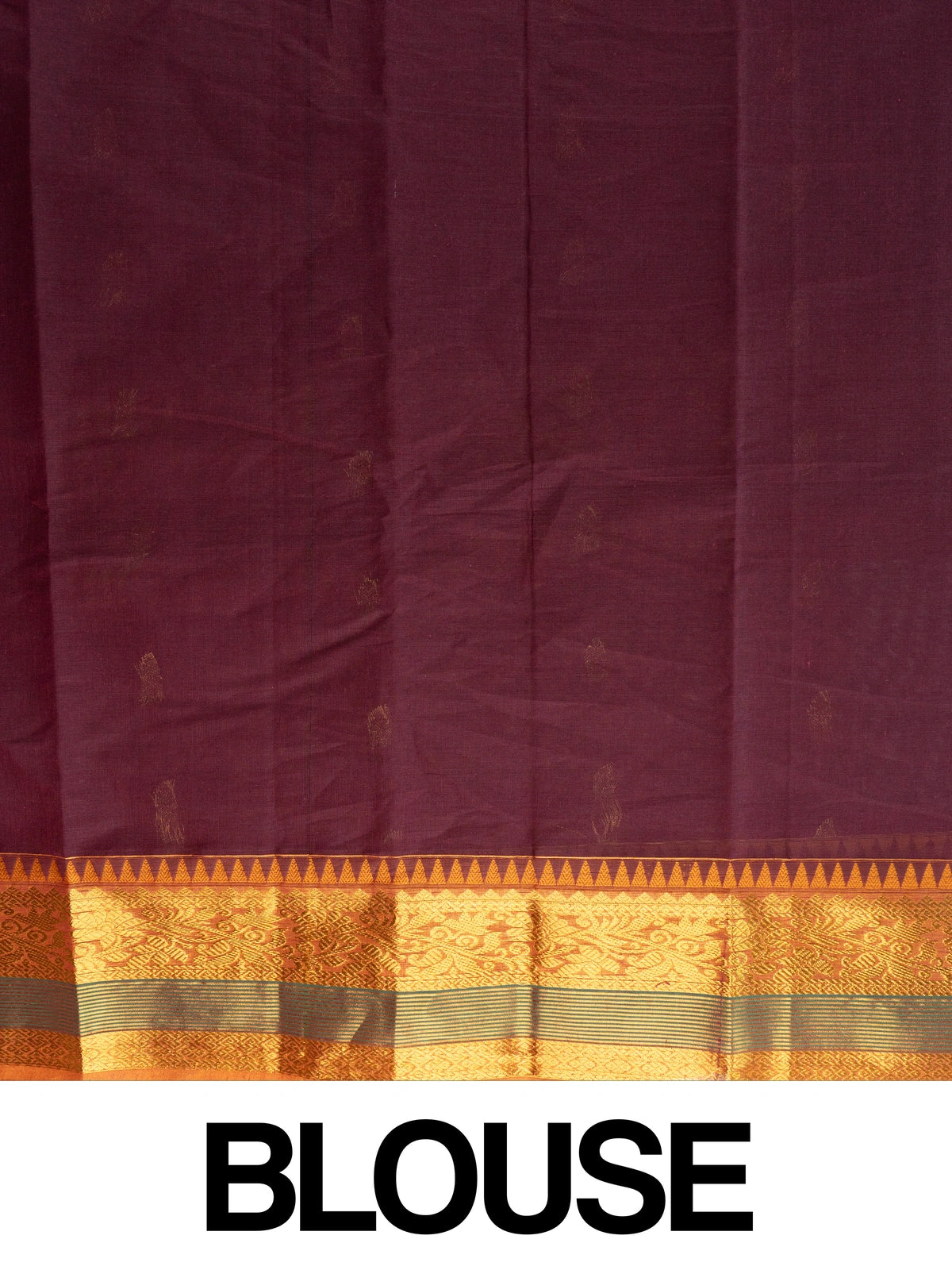 Wine Chettinad cotton saree with gold zari buttas and contrast mustard-gold temple border