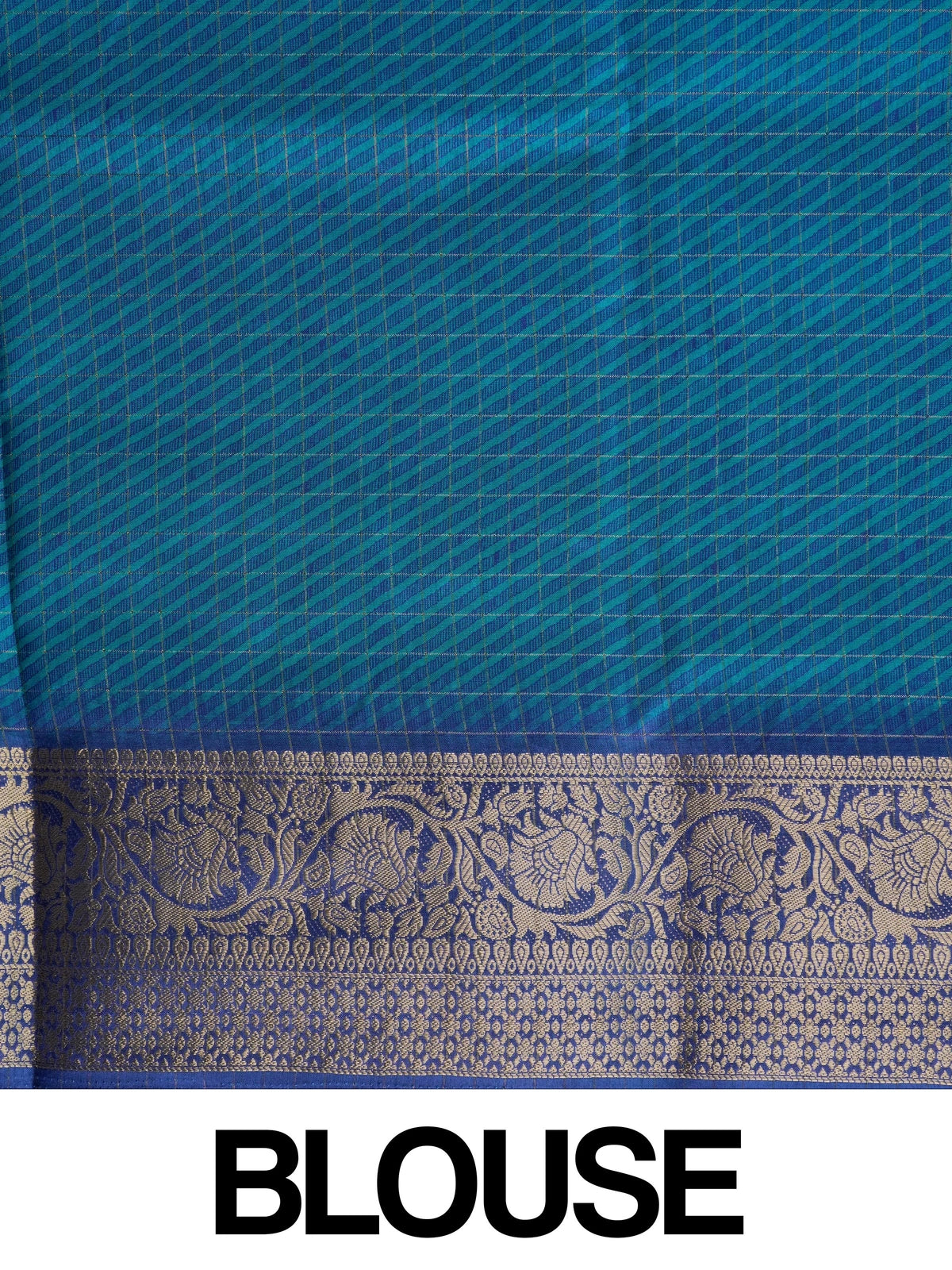 Teal Dola silk saree with multicolour floral print and contrast blue gold zari border