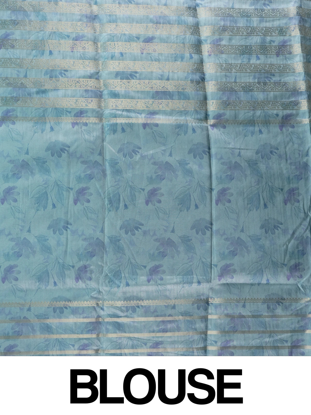 Teal blue and cream semi tussar saree with watercolour bird print and gold zari border