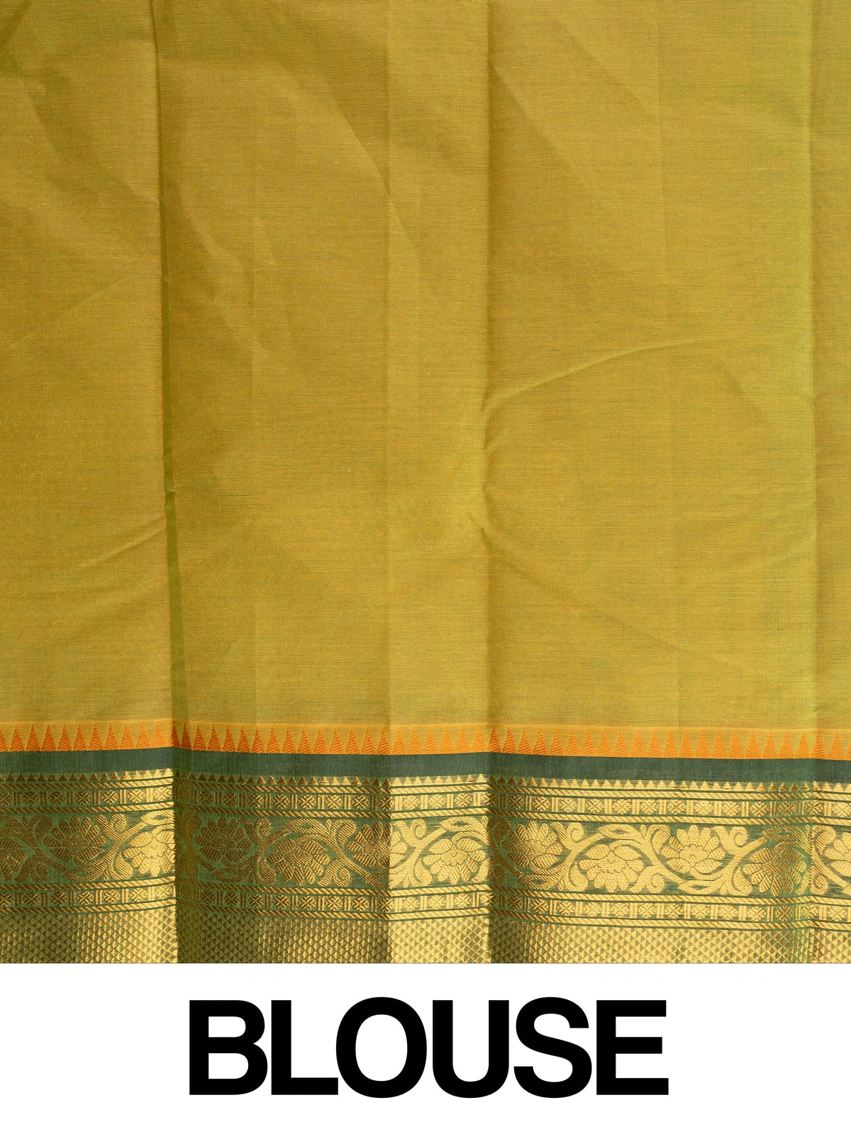 Mehendi green Chettinad cotton saree with checked body and gold zari floral border