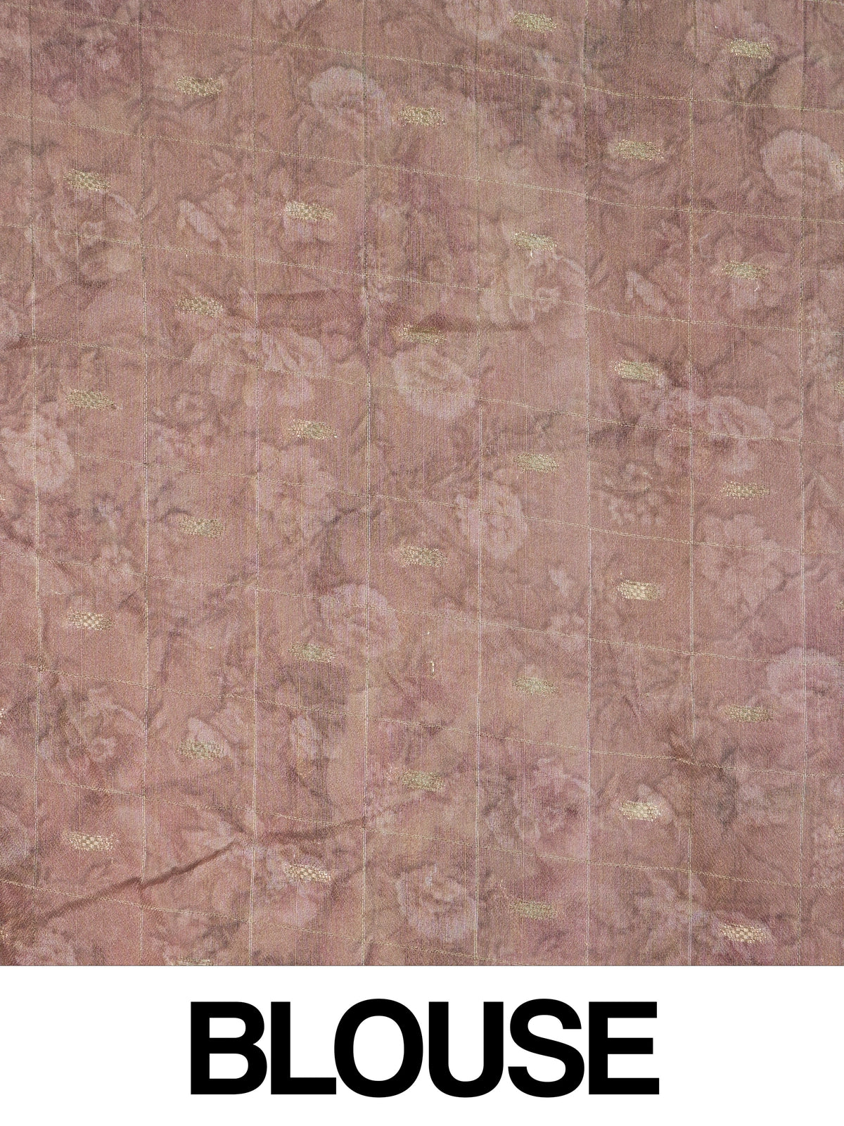 Dusty rose designer saree with multicolour floral print, gold zari checks and woven gold border