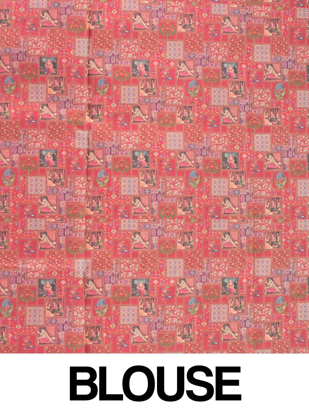 Red multicolour Dola silk saree with miniature painting patchwork print, peacock pallu and zari border