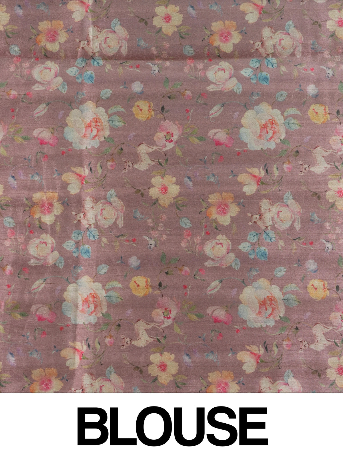 Dusty pink and cream designer silk saree with deer motifs and floral embroidered pallu