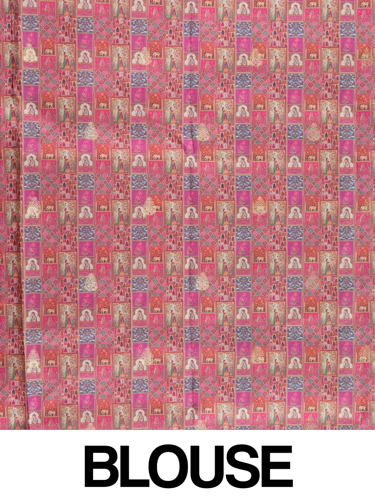 Magenta pink Dola silk saree with Mughal patchwork print and gold zari border