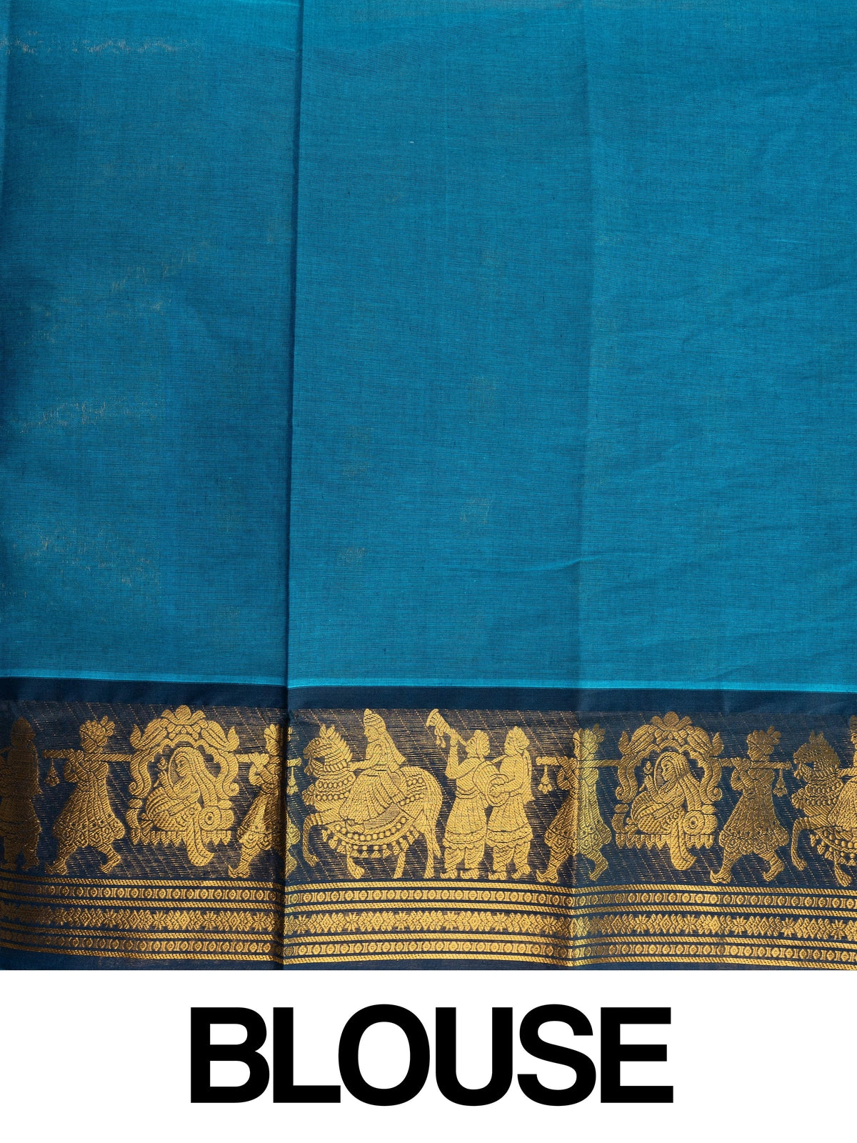 Peacock blue Chettinad cotton saree with gold zari lotus buttas and contrast navy figurative zari border