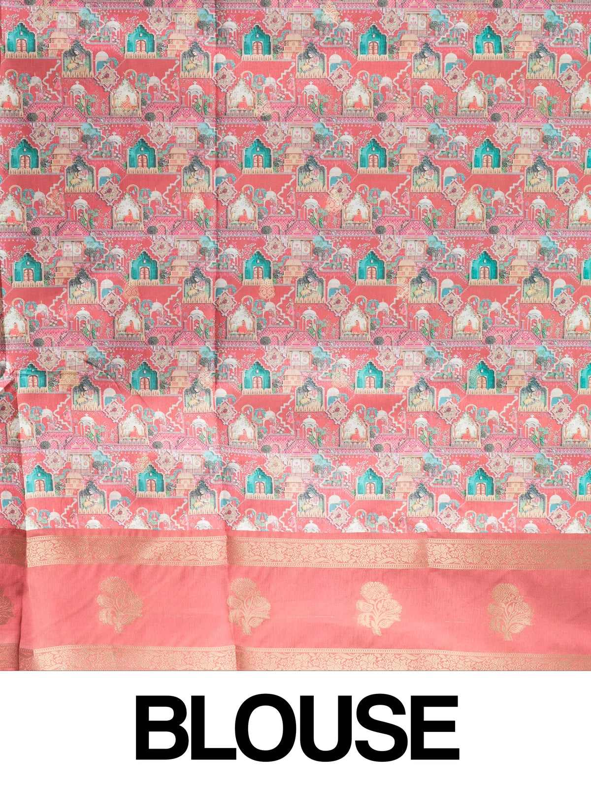 Coral pink Dola silk saree with Mughal-inspired multicolour print and gold zari border