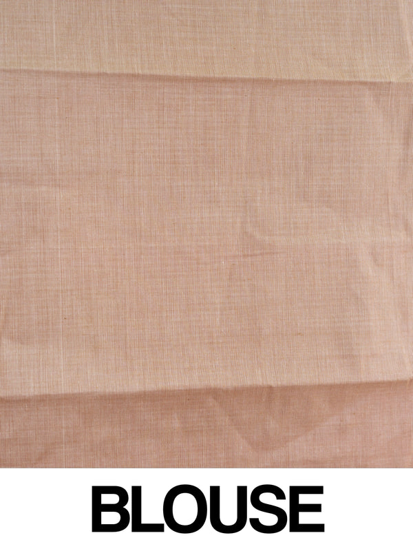 Pink and beige silk cotton saree with fine striped body, contrast beige pallu and golden-lined border