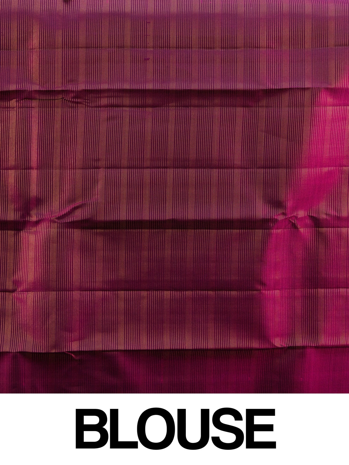 Magenta pure Kanchipuram silk saree with gold zari checks and contrast peacock-motif border
