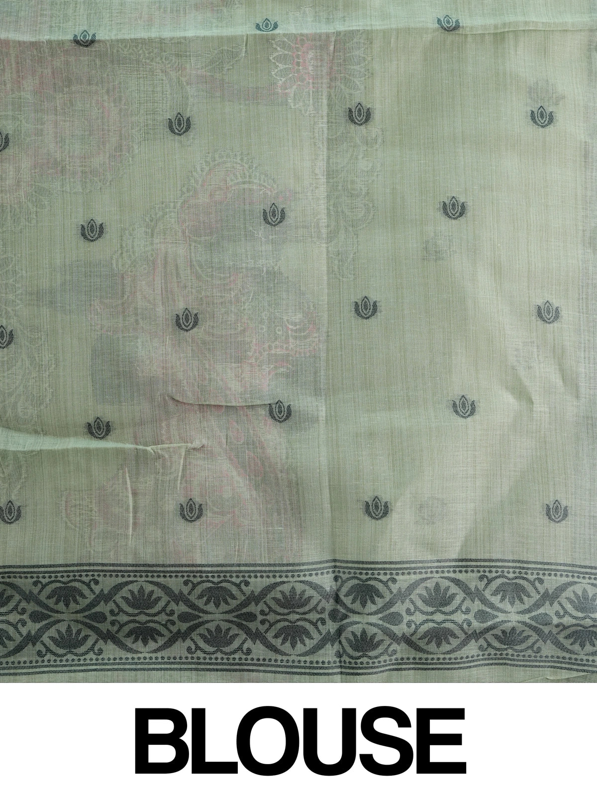 Sage green linen cotton saree with floral and bird print, grey floral border and Pattachitra-style pallu