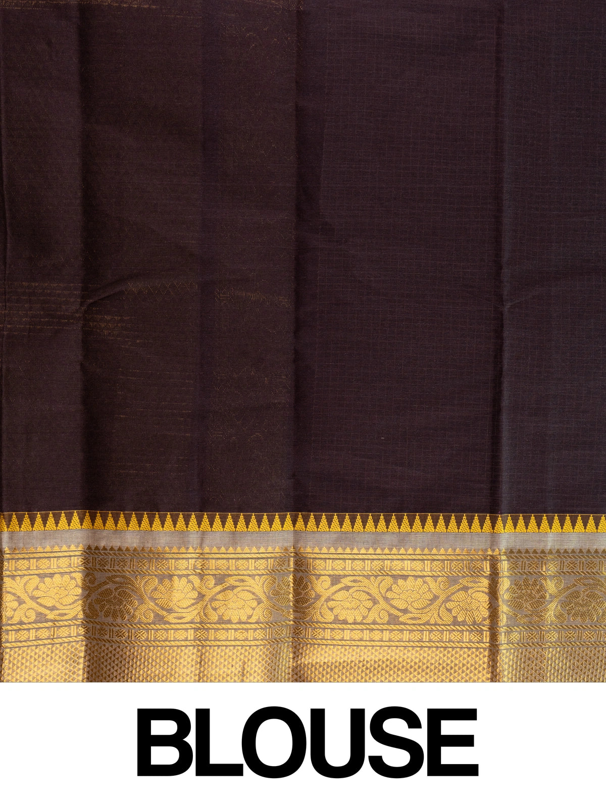 Dark brown Chettinad cotton saree with fine checks and contrast gold zari temple border