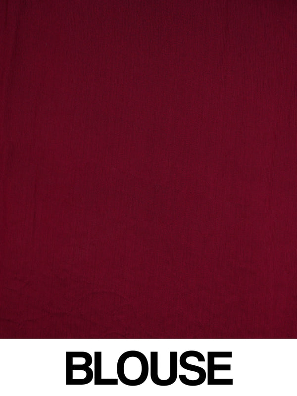 Wine maroon designer georgette saree with tonal floral rose stone work and tasselled pallu