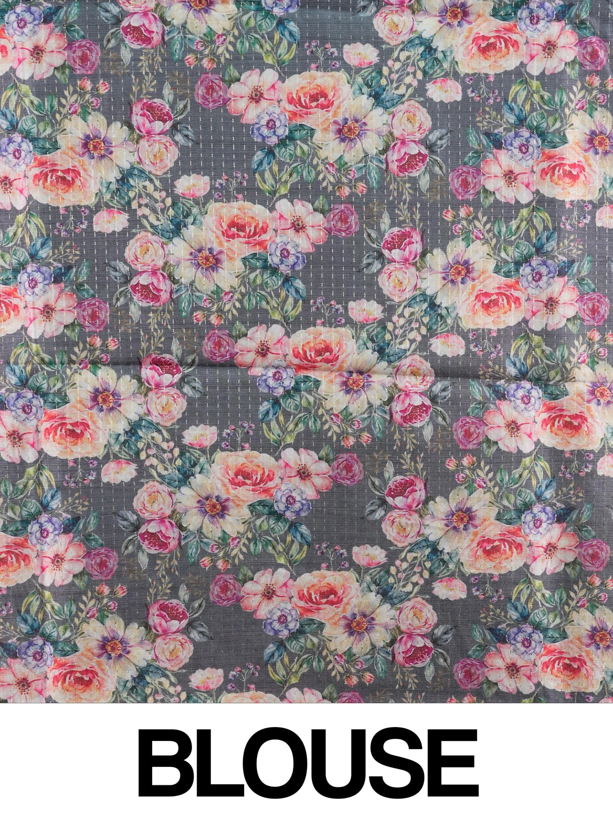 Grey semi tussar saree with cream floral borders, multicolour floral prints and a zari-dot textured body
