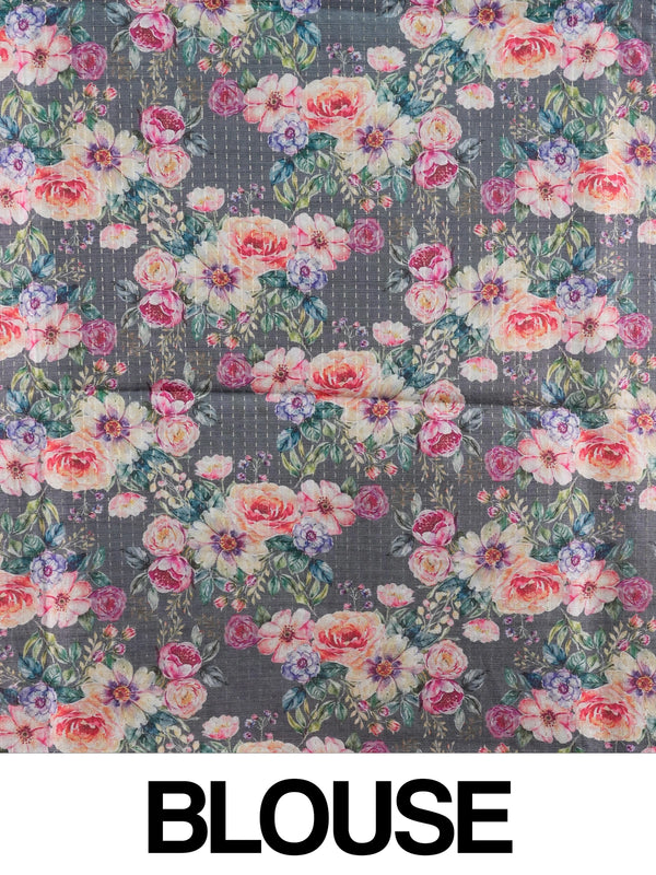 Grey semi tussar saree with cream floral borders, multicolour floral prints and a zari-dot textured body