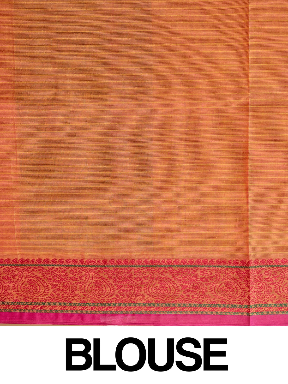 Orange and pink semi raw silk saree with paisley and elephant motifs and contrast woven border