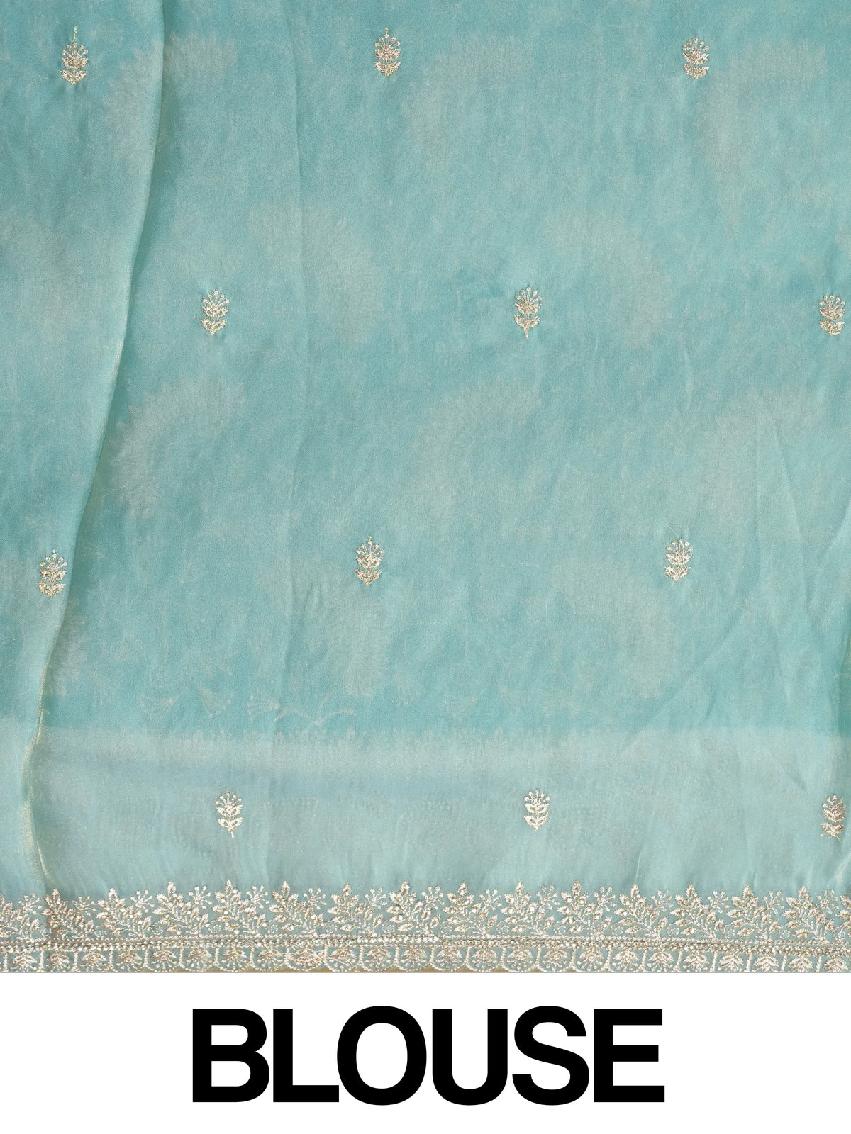 Sea green designer saree with allover gold zari floral and paisley embroidery and embellished border