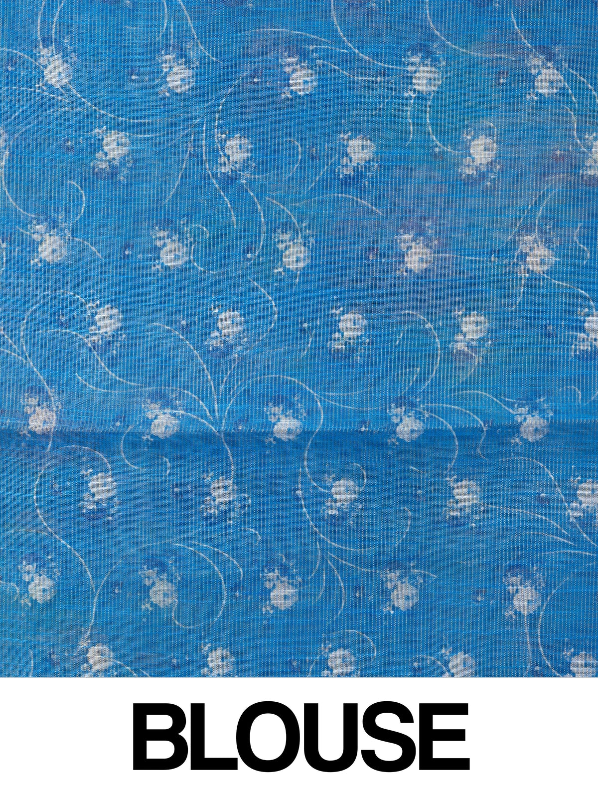 Blue linen cotton saree with multicolour floral print and slim silver-edged border
