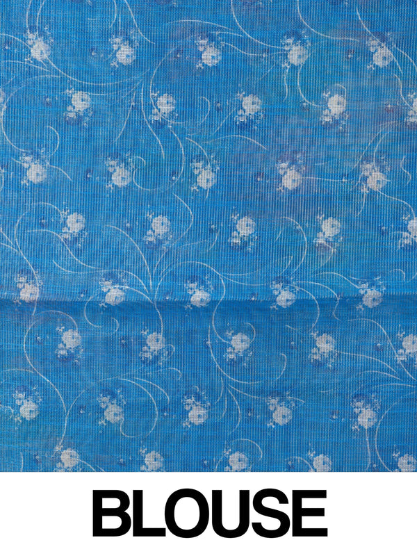 Blue linen cotton saree with multicolour floral print and slim silver-edged border