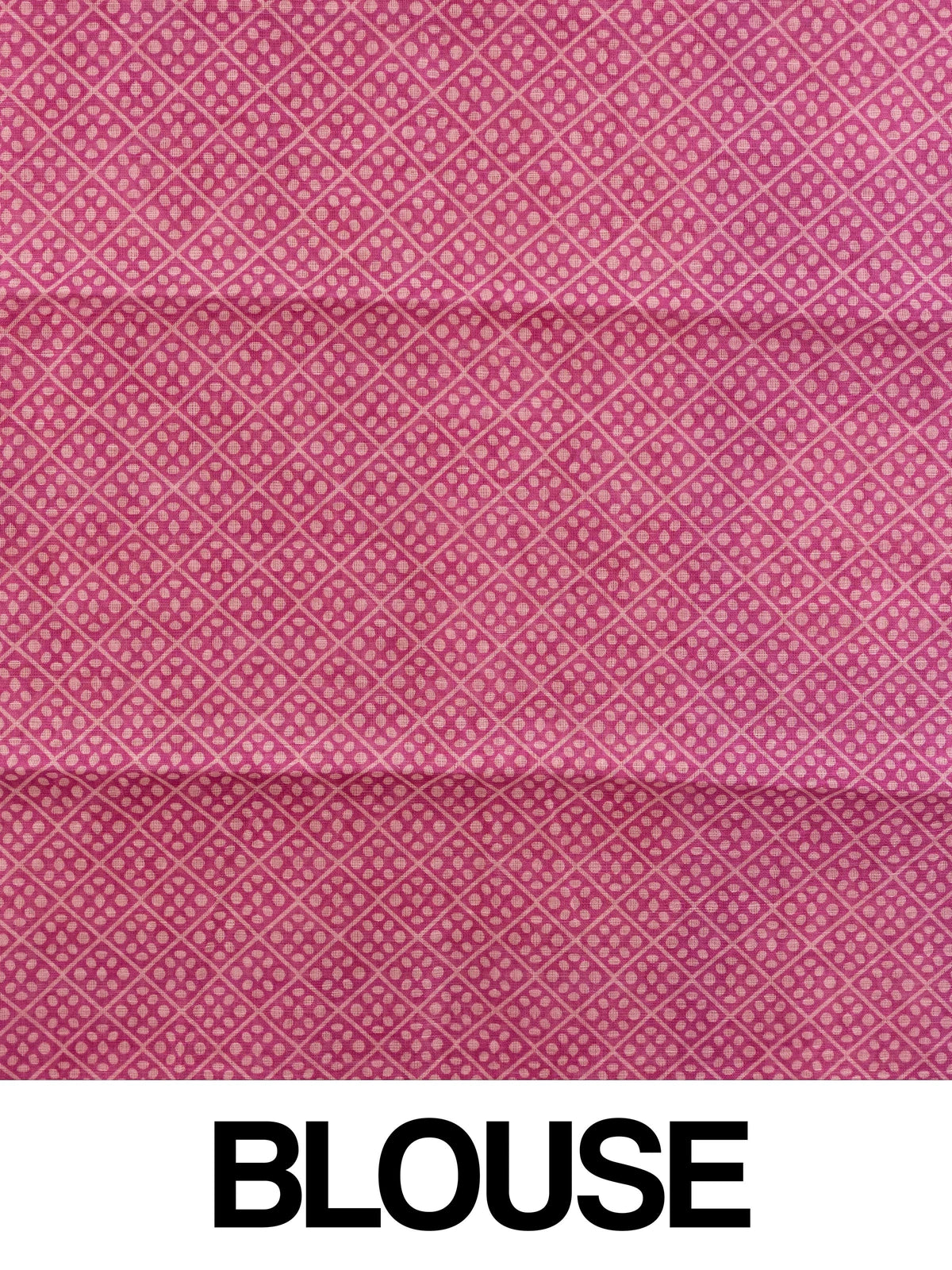 Yellow linen cotton saree with white diamond buttas and contrast pink border and pallu