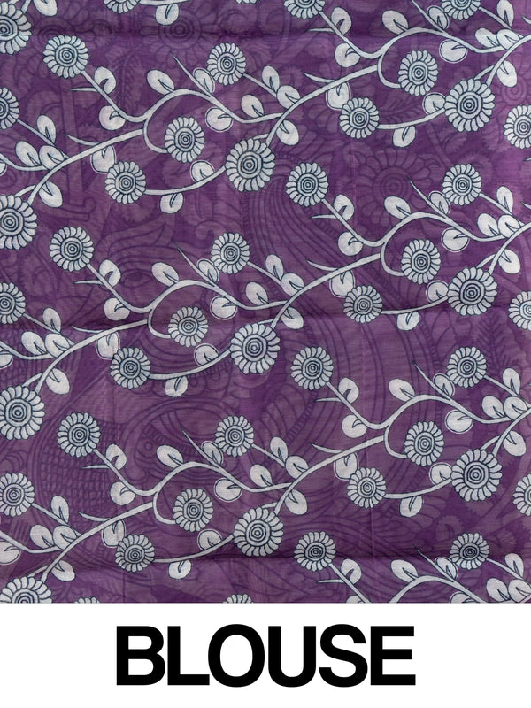 Purple linen cotton saree with white Kalamkari peacock pallu and copper zari border