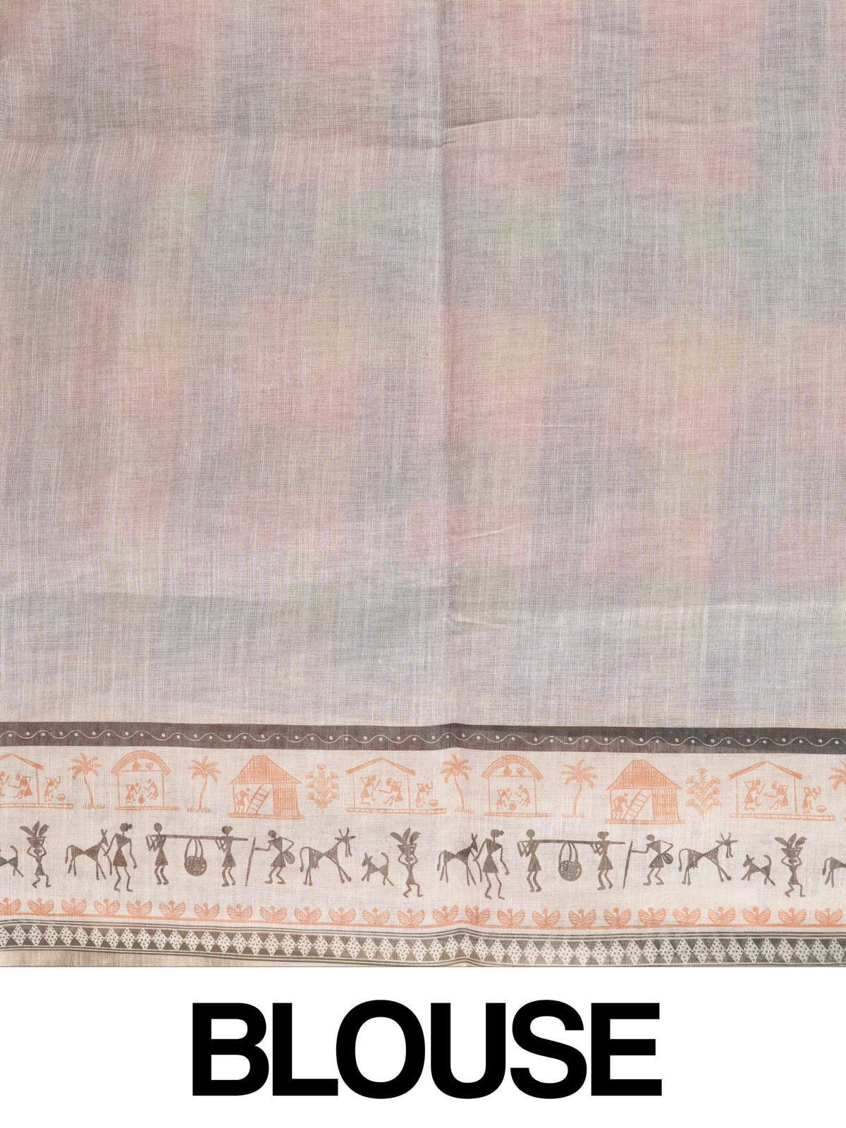 Multicolour checked linen cotton saree with Warli tribal print border and yellow blouse