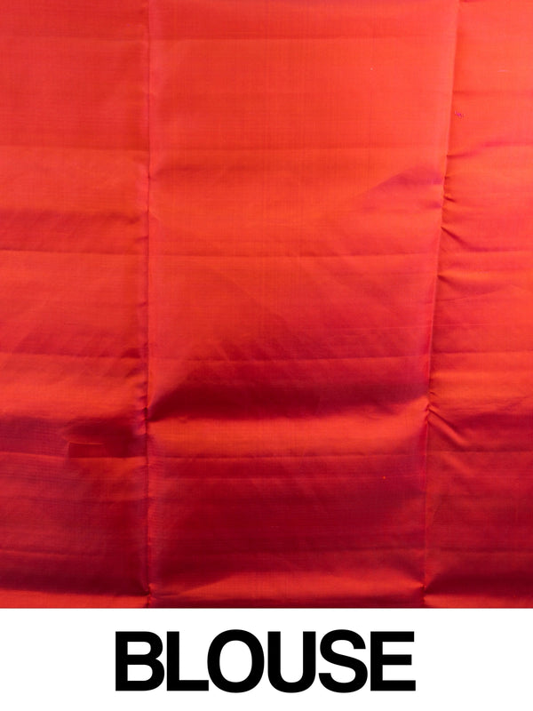 Multicoloured striped soft silk saree with gold zari buttas and contrast orange-red zari border and pallu
